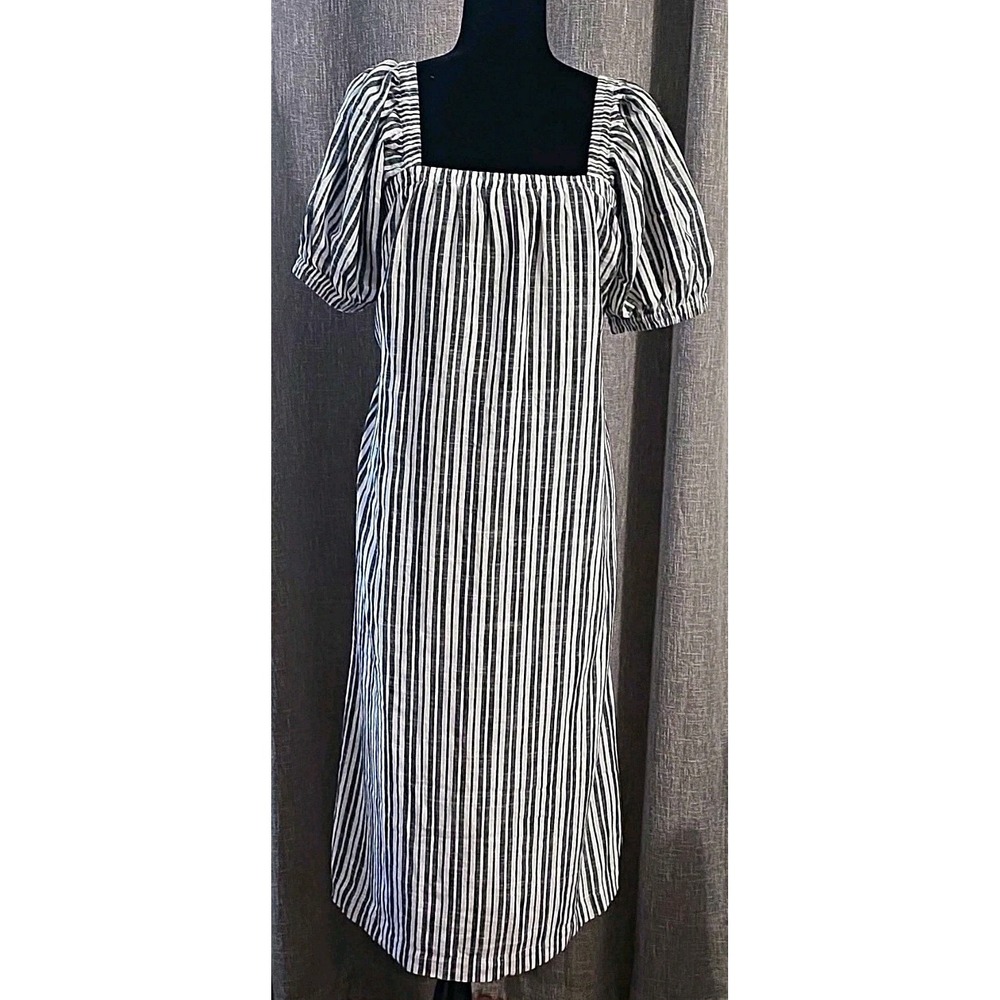 LOFT Petites Black White Striped Square Neck Puff Sleeve Midi Dress PS NWT